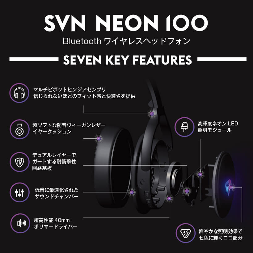 ヘッドホン SVN Sound by Steve Aoki Neon100 SVN Sound by Steve Aoki ワイヤレスオーバーイヤーヘッドフォン